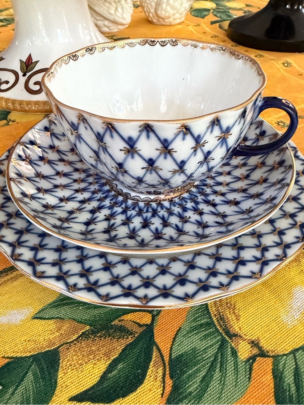 Russian Lomonosov Cobalt Net Tulip Teacup, Saucer, Dessert Plate VGUC Vintage